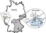 Thumbnail of Tick sampling sites in Germany during 2008 and 2009 (green shading): Saarland, sites A–C, along the border with France (sampled March–September 2008). Bavaria, site D (sampled April and September 2009). Saxony, sites E–G, in Lake Cospuden renatured brown coal surface-mining area (blue shading); site H, renatured waste disposal site (sampled April and September/October 2009); and site I, game park (sampled in April 2009). Federal states of Saarland, Bavaria, and Saxony are shaded in