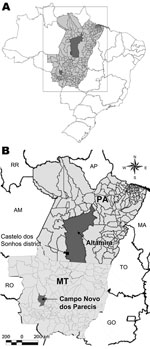 Thumbnail of Location of Mato Grosso State, Brazil, showing the municipality of Campo Novo do Parecis where pygmy rice rats (Oligoryzomys utiaritensis) were found infected with Castelo dos Sonhos virus and the Castelo dos Sonhos district in the municipality of Altamira, Pará State, both locations where hantavirus pulmonary syndrome cases caused by Castelo dos Sonhos virus have been frequently found. MT, Mato Grosso State; PA, Pará State; AP, Amapá State; AM, Amazonas State; MA, Maranhão State; T
