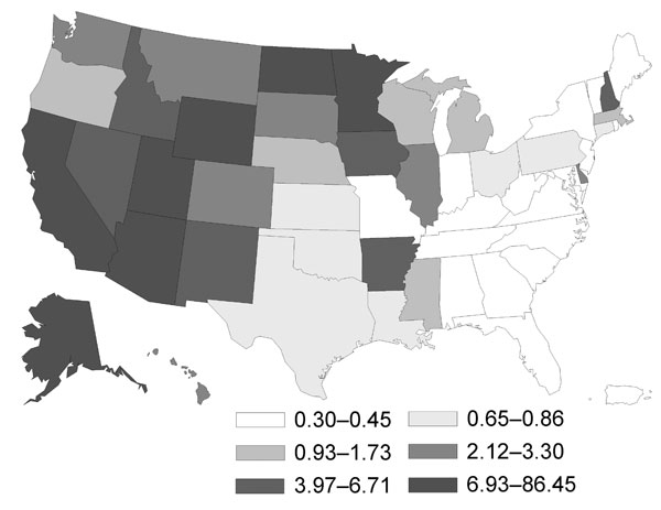 Geographic distribution of coccidioidomycosis in persons &gt;65 years of age, United States, 1999–2008. Values are no. cases/100,000 person-years.