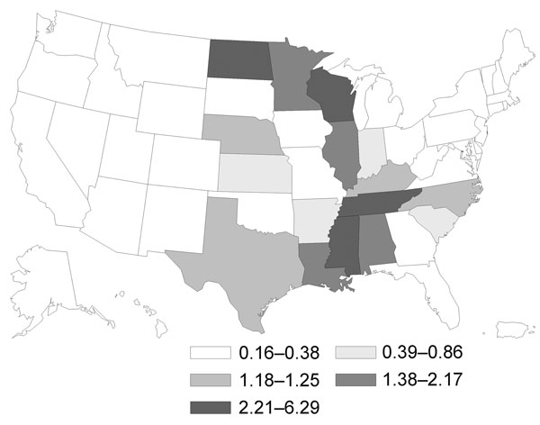 Geographic distribution of blastomycosis in persons &gt;65 years of age, United States, 1999–2008. Values are no. cases/100,000 person-years.