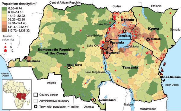 Number of reports and localization of cholera outbreaks in the African Great Lakes region, 1999–2008, as reported by ProMED (11).