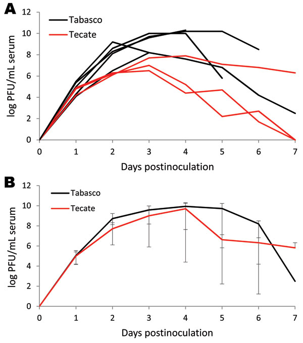 Viremia profile for great-tailed grackles experimentally inoculated with Tabasco or Tecate strains of West Nile virus. Virus titers are plotted on a logarithmic scale. A) Individual birds; B) group means. Error bars represent ranges of observed titers.