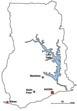 Thumbnail of Location of populations in a study of bacteremia and antimicrobial drug resistance over time, Ghana.