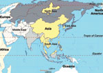 Thumbnail of Areas in Asia where outbreaks of highly pathogenic porcine reproductive and respiratory virus syndrome occurred. The countries or regions affected (North Asia, East Asia, Asia, and South Asia) are indicated.