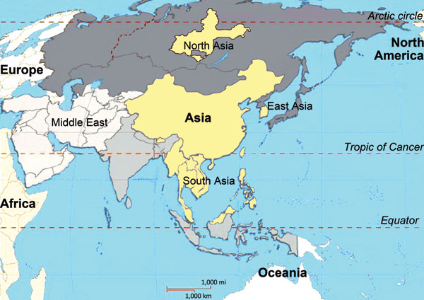 Areas in Asia where outbreaks of highly pathogenic porcine reproductive and respiratory virus syndrome occurred. The countries or regions affected (North Asia, East Asia, Asia, and South Asia) are indicated.