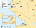 Thumbnail of Locations where water and seafood samples were obtained, Haiti, October–November 2010. HWS, harbor water sample.