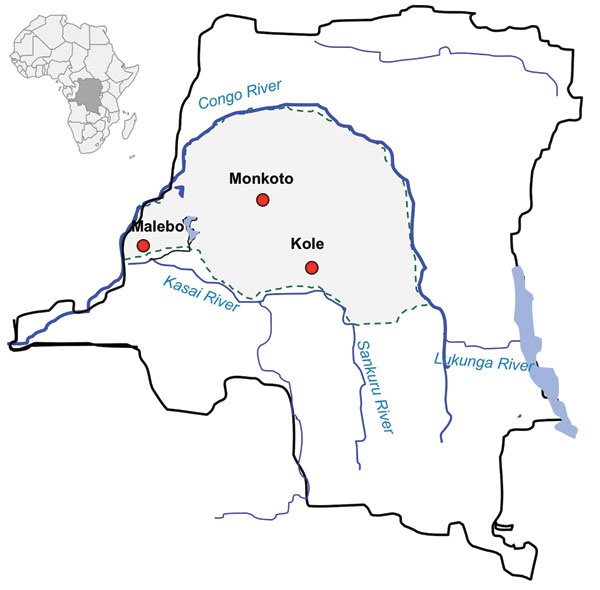Sites in the Democratic Republic of Congo where dried blood spots of nonhuman primates were collected (red circles).