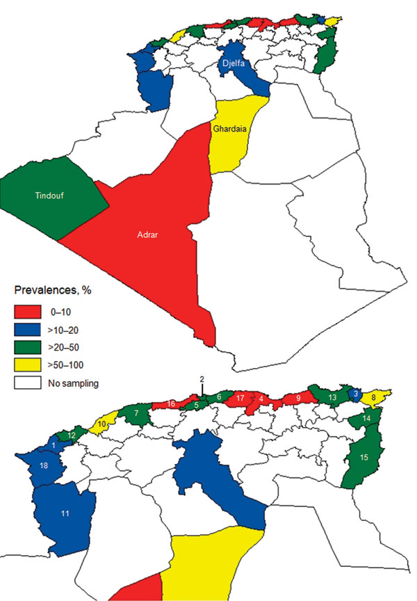 Seroprevalence of bluetongue virus in cattle, sheep, goats, and camels, by province (wilaya), Algeria, 2008. A) Entire country; B) Northern Algeria. 1, Aïn Témouchent; 2, Algiers; 3, Annaba; 4, Béjaïa; 5, Blida; 6, Boumerdès; 7, Chlef; 8, El Tarf; 9, Jijel; 10, Mostaganem; 11, Naama; 12, Oran; 13, Skikda; 14, Souk Ahras; 15, Tébessa; 16, Tipasa; 17, Tizi Ouzou; 18, Tlemcem.