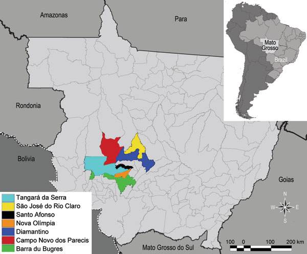 State of Mato Grosso, Brazil, indicating municipalities where hanta pulmonary syndrome cases occurred.