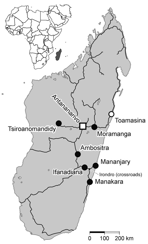 Madagascar (gray shading in inset), showing the main roads, the capital of Antananarivo (square), the harbor city of Toamasina (white circle), and the locations of the 6 study sites (black circles) from which serologic samples from pregnant women were screened for IgG against chikungunya virus, dengue virus, and Rift Valley fever virus. The altitudes of the locations are as follows: Mananjary and Manakar, coastal; Ifanadiana, 466 m; Moramanga, 920 m; Tsiroanomandidy, 860 m; Ambositra, 1,280 m; T