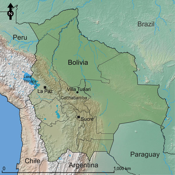 Location of Villa Tunari, Department of Cochabamba, Bolivia, the area where patients with hantavirus infection were recruited. The constitutional (Sucre) and administrative (La Paz) capitals of Bolivia are shown for reference.
