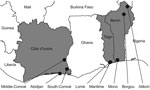 Thumbnail of Collection sites of bird and pig samples, West Africa, 2006–2008. Côte d’Ivoire, Benin, and Togo are in gray. Sampling provinces are indicated by black circles.