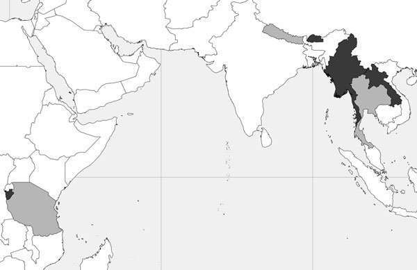 Geographic location and background of refugee populations sampled for antibodies against Taenia solium cysticerci by using the classic enzyme-linked immunoelectrotransfer blot for lentil-lectin purified glycoprotein. Countries of origin are shaded dark grey (Burundi, Bhutan, Burma [Myanmar], Laos). Host countries are shaded light grey (Tanzania, Nepal, Thailand). Burundi: ≈14,000 Burundian refugees who lived in camps in Tanzania since 1972 were resettled during 2006–2008. Resettled refugees were