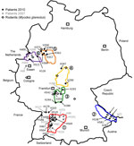 Thumbnail of Distribution of investigated Puumala virus infections in Germany. Black dots indicate sequences obtained from patients samples in 2010; gray dots indicate sequences obtained from patient samples in 2007; diamonds indicate sequences obtained from rodent (Myodes glareolus) samples. Areas surrounded by lines indicate outbreak regions (numbered 1–6) where Puumala virus nucleotide sequences of human and vole origin have been analyzed. Numbers of the outbreak regions/virus clades and desi