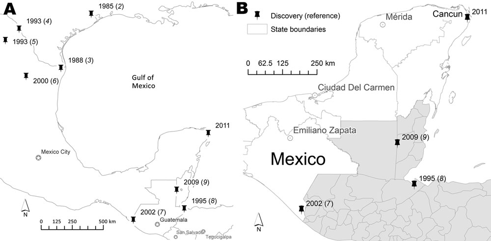 Locations (pushpins) in Mexico, the United States, and Central America where Aedes albopictus mosquitoes were collected and year of the first collection (reference) (A), including the current collection in 2011 from Cancun, Quintana Roo State, Mexico (B). Shaded areas indicate countries in Central America (Guatemala, Belize, Honduras, and El Salvador).