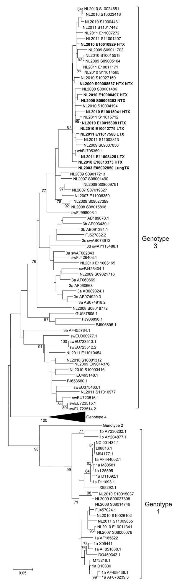Phylogenetic tree of hepatitis E virus (HEV) open reading frame (ORF) 1 sequences, including HEV infections, the Netherlands, 2000–2011. Phylogenetic relation of a 306-bp ORF1 region was calculated by using maximum-likelihood, Kimura 2-parameter analysis with bootstrapping (n = 1,000). HEV sequences originating in the Netherlands are indicated as NL with year of isolation and isolate number (GenBank accession nos. JQ015399–JQ015448). Boldface indicates virus strains of chronic HEV-infected solid