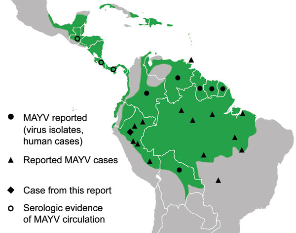 Distribution of Mayaro virus (MAYV) in the Central and South America (3,5–7).