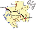 Thumbnail of Towns in the influenza sentinel network in Gabon. Libreville was chosen as a typical urban community; Franceville, in the southeast, represents a savannah/forested rural region of 100,000 inhabitants; and Oyem (35,241 inhabitants) and Koulamoutou (16,270 inhabitants), in the north and south, respectively, represent forested rural regions.