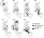 Thumbnail of Local indicator of spatial association (LISA) cluster maps of incidence rates for dengue virus infection during each epidemic period, Kaohsiung City, Taiwan, 2003–2009. High-value outlier, high-incidence Li (smallest administrative unit within each of 11 districts in Kaohsiung City) surrounded by low-incidence Lis; not significant, 0 spatial autocorrelation presented; Hot spot, high-incidence Li surrounded by high-incidence Lis. Hot-spot Lis circled with dashed lines are those that 