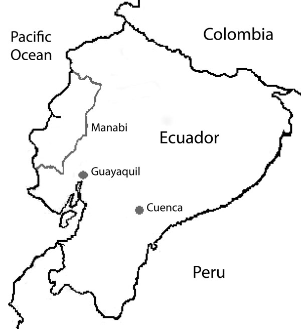 Three regions of Ecuador where guinea pig serum samples were obtained: Cuenca, Guayaquil, and Manabi. The country is bordered by Colombia to the north, Peru to the east and south, and the Pacific Ocean to the west. Cuenca is located in the Andes; the average annual mean temperature is 14.7°C, and the average annual relative humidity is 85%. Guayaquil is located at the head of the Gulf of Guayaquil; the mean temperature is 26.1°C, and relative humidity is 74%. The Manabí region is located on the 