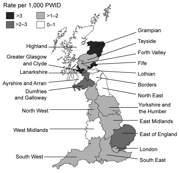 Rates of infection with spore-forming bacteria (Clostridium botulinum, C.tetani, C. novyi, and Bacillus anthracis) among persons who inject drugs, by health region, England and Scotland, 2000–2009. 