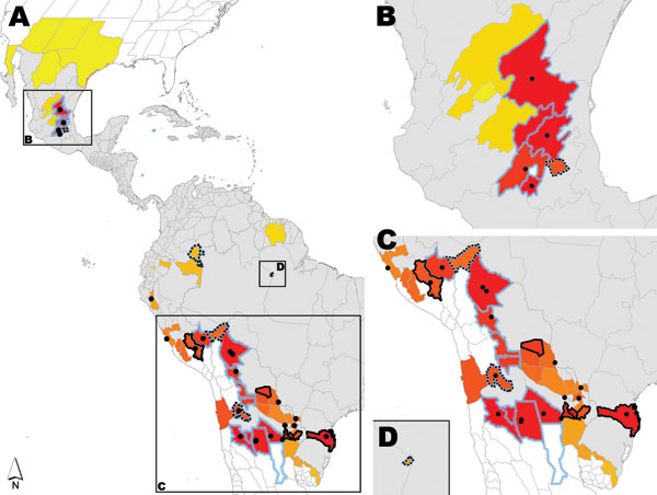 A) Regions in Latin America analyzed for dengue. B) Central Mexico; C) central South America; D) eastern Amazonas, Brazil. Thin gray lines indicate boundaries of first-level administrative units. Areas to which dengue was identified in the 2010 Yellow Book are shaded in gray. New dengue-endemic areas identified in the 2012 Yellow Book are outlined in blue. Dots indicate HealthMap dengue-related alerts. Modeled HealthMap alert probability density surface is shown in a gradient from yellow to red 