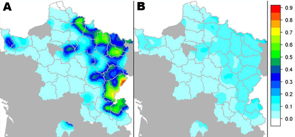Model-predicted prevalence (A) and standard error (B) of Echinococcus multilocularis in foxes, France, 2005–2010. 1 = 100%. 