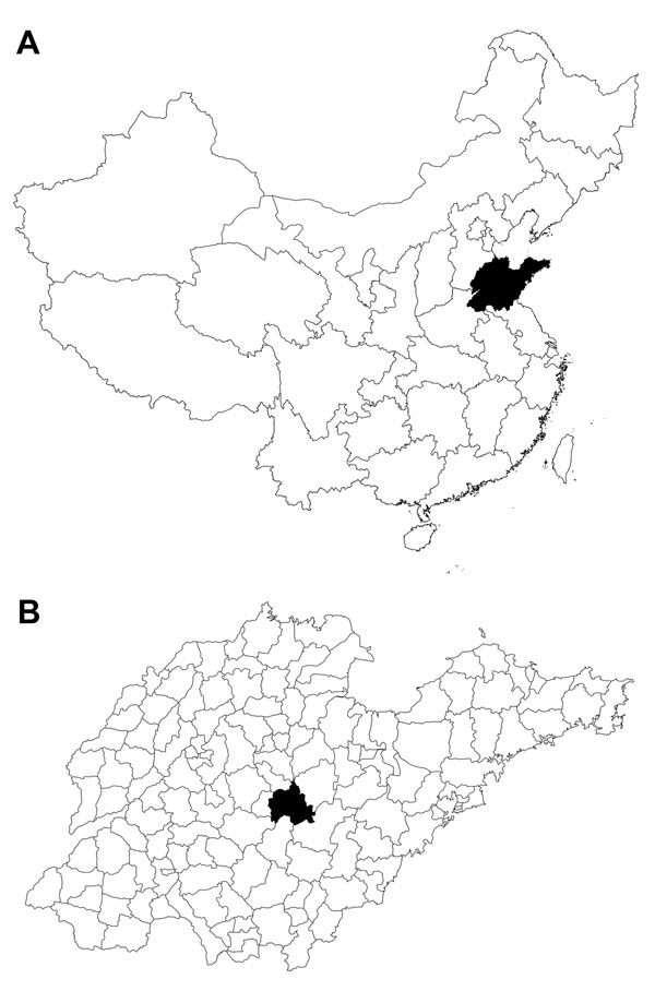 A) Shandong Province, China (black area) where severe fever with thrombocytopenia syndrome was studied, 2011. B) Yiyuan County (black area) in Shandong Province.