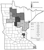 Thumbnail of Geographic distribution of confirmed Powassan virus (POWV) infections (diagnosis made by serology, reverse transcription PCR) and counties with POWV–infected ticks in Minnesota. Data provided by the Minnesota Department of Health.