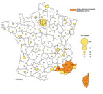 Thumbnail of Geographic distribution of dengue cases in the departments (administrative districts) of metropolitan France, 2007–2010, and departments where the vector was established in 2010. Circles in outlined departments represent dengue cases reported by 3 surveillance systems. AH, Alpes-de-Haute-Provence; AM, Alpes-Maritimes ; BR, Bouches-du-Rhône; CS, Corse-du-Sud; HC, Haute-Corse; VA, Var. (Map made with Philcarto, http://philcarto.free.fr/)
