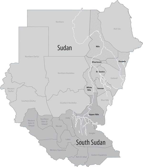 Sudan and South Sudan. States with confirmed Rift Valley fever cases are in boldface. Light gray indicates Sudan; dark gray indicates South Sudan. The Nile, White Nile, and Blue Nile Rivers are depicted in white, and other bodies of water were removed for clarity.