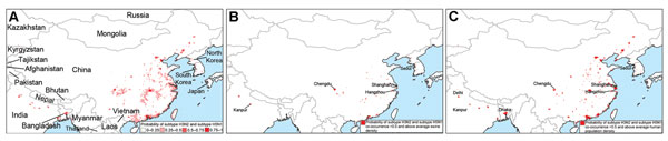 Reassortment areas elsewhere in Asia based on the People’s Republic of China model constructed from the influenza virus subtype H5N1 outbreak dataset. A) Probability of subtype H3N2 and H5N1 co-occurrence (according to the subtype H5N1 outbreak dataset). B) Areas with a probability of subtype H5N1 and H3N2 co-occurrence &gt;50% and above average swine density. C) Areas with a probability of subtype H5N1 and H3N2 co-occurrence &gt;50% and above average human population density. See Technical Appe