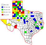 Thumbnail of Average relative risk (RR) for human infection with West Nile virus, by county, Texas, USA, 2002–2011.