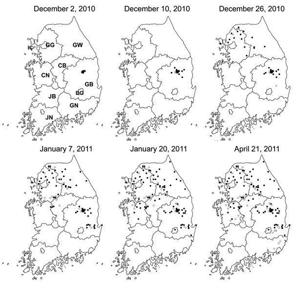 Progress of foot-and-mouth disease transmission throughout South Korea during 2010–2011 outbreak. Circles indicate cases in swine at index farms; black dots, cases in cattle. A timeline of case detection is provided in online Technical Appendix Figure 1 (wwwnc.cdc.gov/EID/article/19/4/1-1320-Techapp1.pdf). IC, Incheon; GG, Gyeonggi; GW, Gangwon; CN, Chungnam; CB, Chungbuk; GB, Gyeongbuk; GN, Gyeongnam; JN, Jeonnam; JB, Jeonbuk; DG, Daegu.