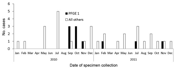Number of cases of Campylobacter coli infection reported to Montreal Public Health, Quebec, Canada, 2010–2011. PFGE, pulsed-field gel electrophoresis.