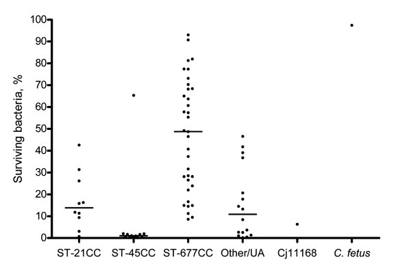 Percentage of surviving bacteria in human serum for 73 blood culture isolates of Campylobacter jejuni (Cj), grouped according to major multilocus sequence typing clonal complexes (CCs), and for controls C. jejuni Cj11168 and C. fetus. Dots indicate mean values for 2–3 experiments. Horizontal lines indicate median values for each CC group. ST, sequence type; UA, unassigned.
