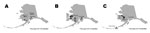 Thumbnail of Geographic distribution of invasive Haemophilus influenzae type a disease in Alaska, by sequence type (ST). A) ST 576; B) ST 23; C) ST 56. 