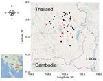 Thumbnail of Ubon Ratchathani Province in northeastern Thailand and locations where water samples were tested for Burkholderia pseudomallei, 2012. Location of wells, boreholes, and tap water samples that were positive are indicated by orange, red, and black circles, respectively. The red square in the inset indicate the study area in Thailand.