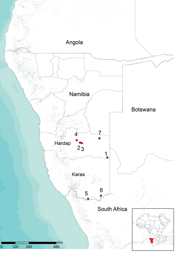 Location of farms in Namibia with Rift Valley fever virus infection, 2010. Red circles and numbers indicate outbreaks from which virus circulation was determined.