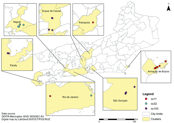 Spatial distribution of 8 meningococcal disease clusters caused by 3 different clonal complexes (cc) of Neisseria meningitidis, Rio de Janeiro State, Brazil, 2003–2012.