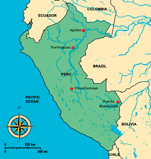 Map of Peru. Sites for study of Mayaro virus–infected patients are marked with a dot.