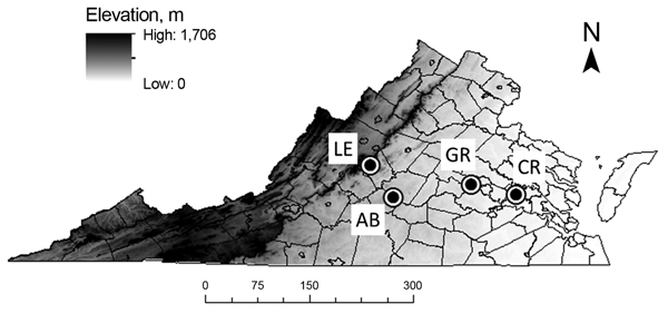 Locations of 4 field sites at which ticks were sampled, Virginia, May-July 2011. Circles indicate sampling areas. LE, Lesesne State Forest; AB, Appomattox-Buckingham State Forest; GR, University of Richmond–owned field site; CR, Crawfords State Forest. Darker shading represents higher elevation. Scale bar indicates kilometers.