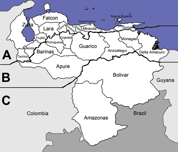 Three zones of Venezuela used by Arnoldo Gabaldón for treatment of malaria: A) Costa-Cordillera, B) Los Llanos, and C) Guayana (3).