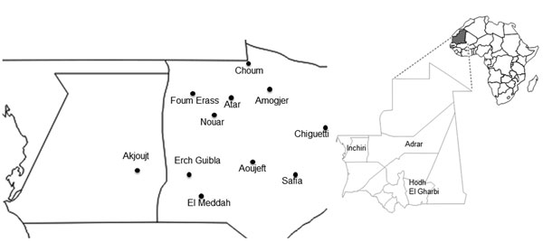 Location of study sites tested for patients with confirmed Rift Valley fever, Mauritania, 2010.