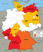 Thumbnail of Origin of mosquito samples analyzed for infection with Dirofilaria repens, by federal state, Germany, May–September 2011 and 2012 (n = 74,547). Black dots indicate collection locations of mosquitoes that tested positive for D. repens DNA.