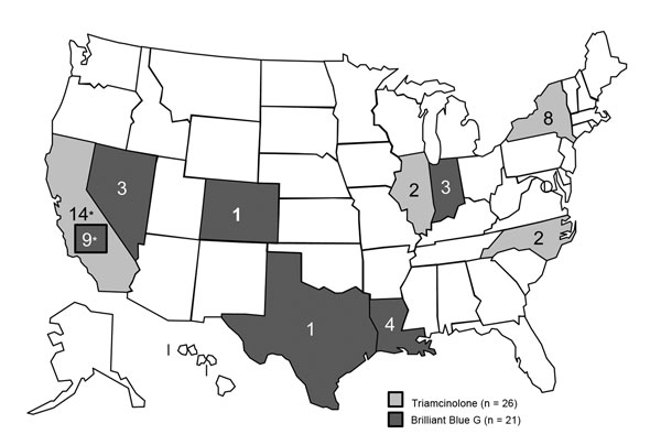 Confirmed and probable cases of postprocedural fungal endophthalmitis, by state, United States, 2011–2012. Infections occurred after exposure to a product from Franck’s Compounding Lab (Ocala, FL, USA), though March 2012, when the implicated product was recalled. *In California, cases were associated with exposure to each product.