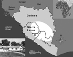 Thumbnail of Lassa fever–hyperendemic region (white area) comprising Guinea, Sierra Leone, and Liberia in West Africa. Insert, upper right: Africa, with West African countries highlighted; lower left: Lassa Diagnostic Laboratory, Kenema Government Hospital, Kenema, Sierra Leone.