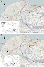 Thumbnail of Locations of environmental sampling sites near the towns of Gressier and Leogane in Haiti. Samples were collected during April 2012–March 2013. A) Number of Vibrio. cholerae O1 isolates obtained from sampling sites. B) Number of non-O1/non-O139 V. cholerae isolates obtained from sampling sites. The number of V. cholerae isolates obtained from each sampling site is indicated by distinct color coding.