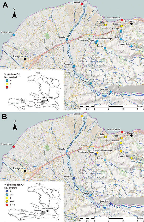 Locations of environmental sampling sites near the towns of Gressier and Leogane in Haiti. Samples were collected during April 2012–March 2013. A) Number of Vibrio. cholerae O1 isolates obtained from sampling sites. B) Number of non-O1/non-O139 V. cholerae isolates obtained from sampling sites. The number of V. cholerae isolates obtained from each sampling site is indicated by distinct color coding.