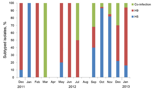Subtypes of influenza A viruses detected in poultry, by month, by using reverse transcription PCR, Egypt, 2010–2012. 